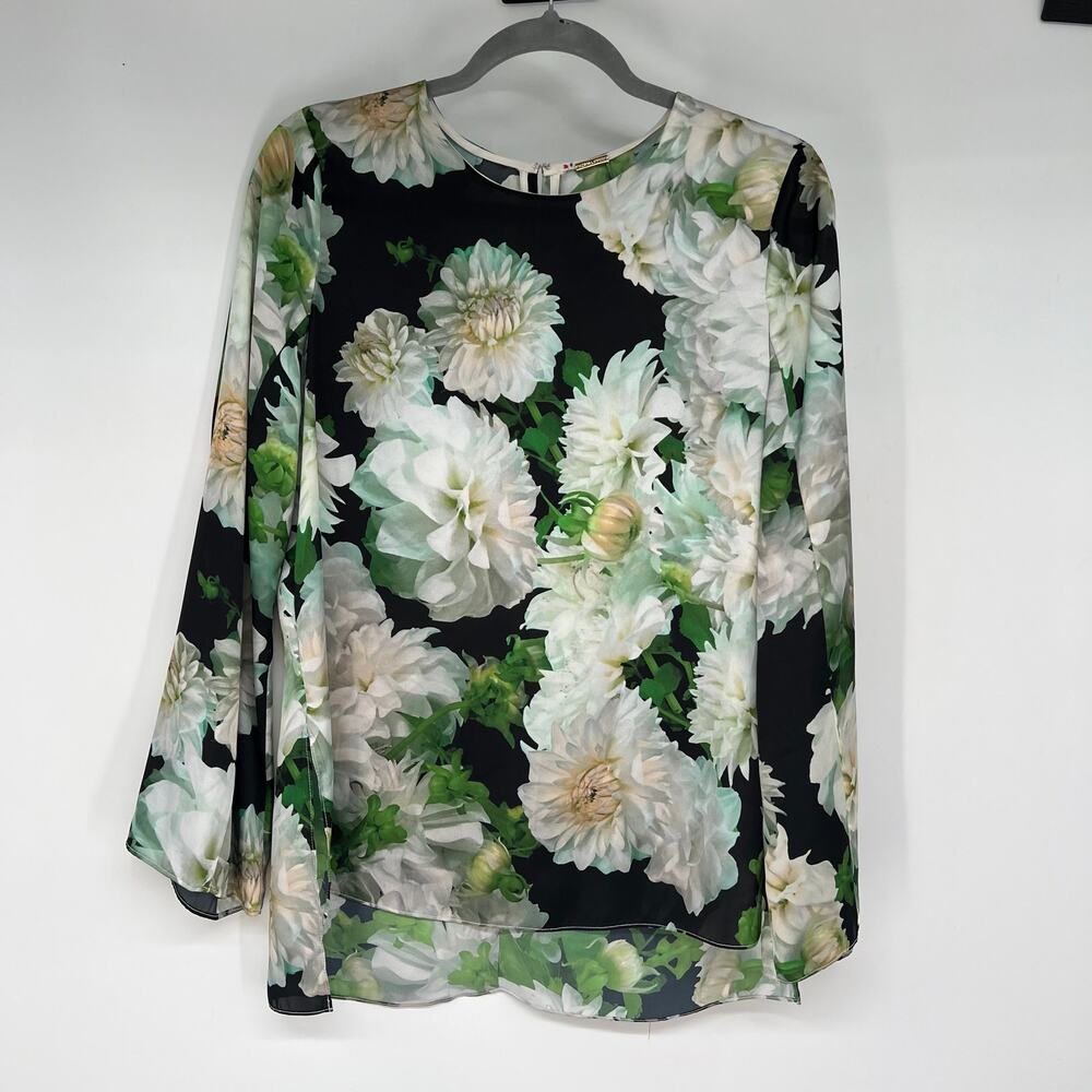Adam Lippes Floral Print Long Sleeve Blouse Women's Size 4 Black Multi Modest